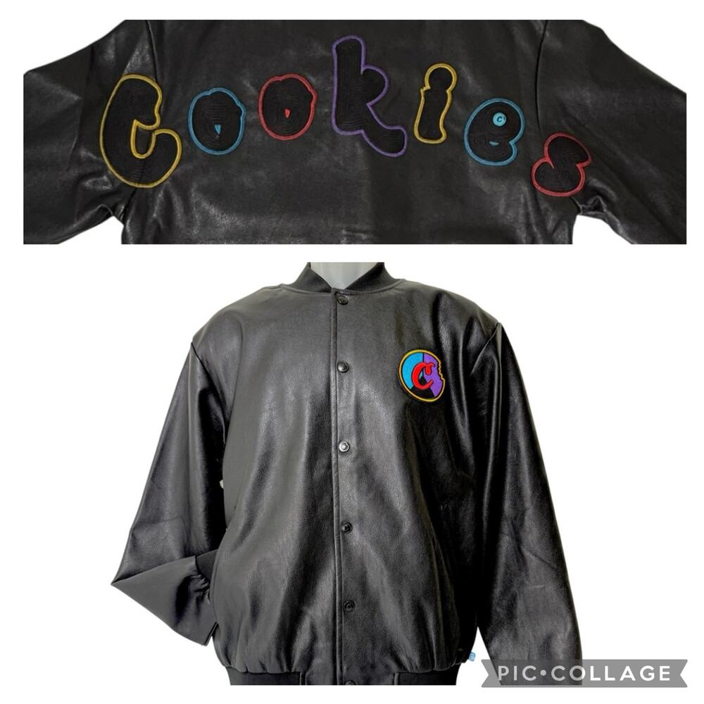 NEW COOKIES Brand Multicolor Logo Black Faux Leather Bomber Jacket Men's Small